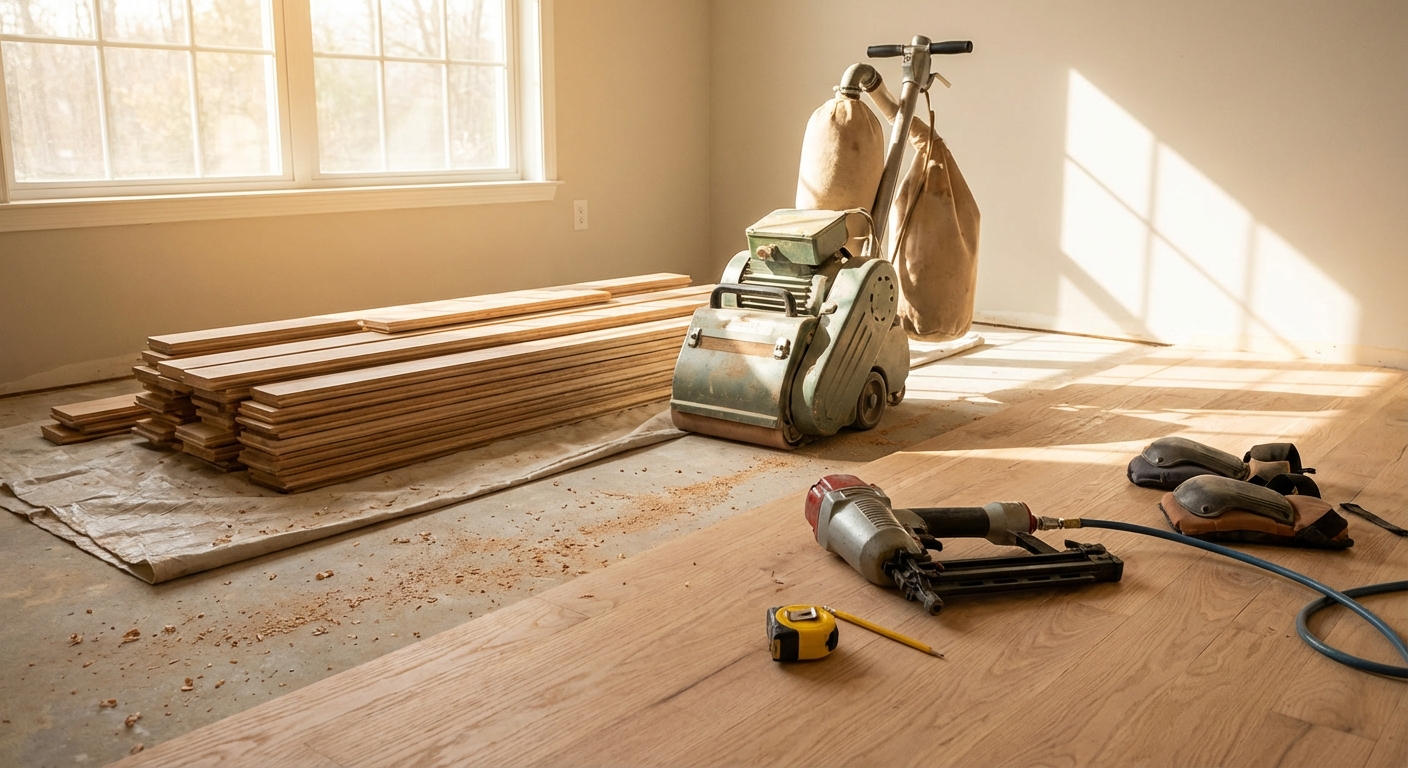 Professional hardwood flooring tools on a clean job site