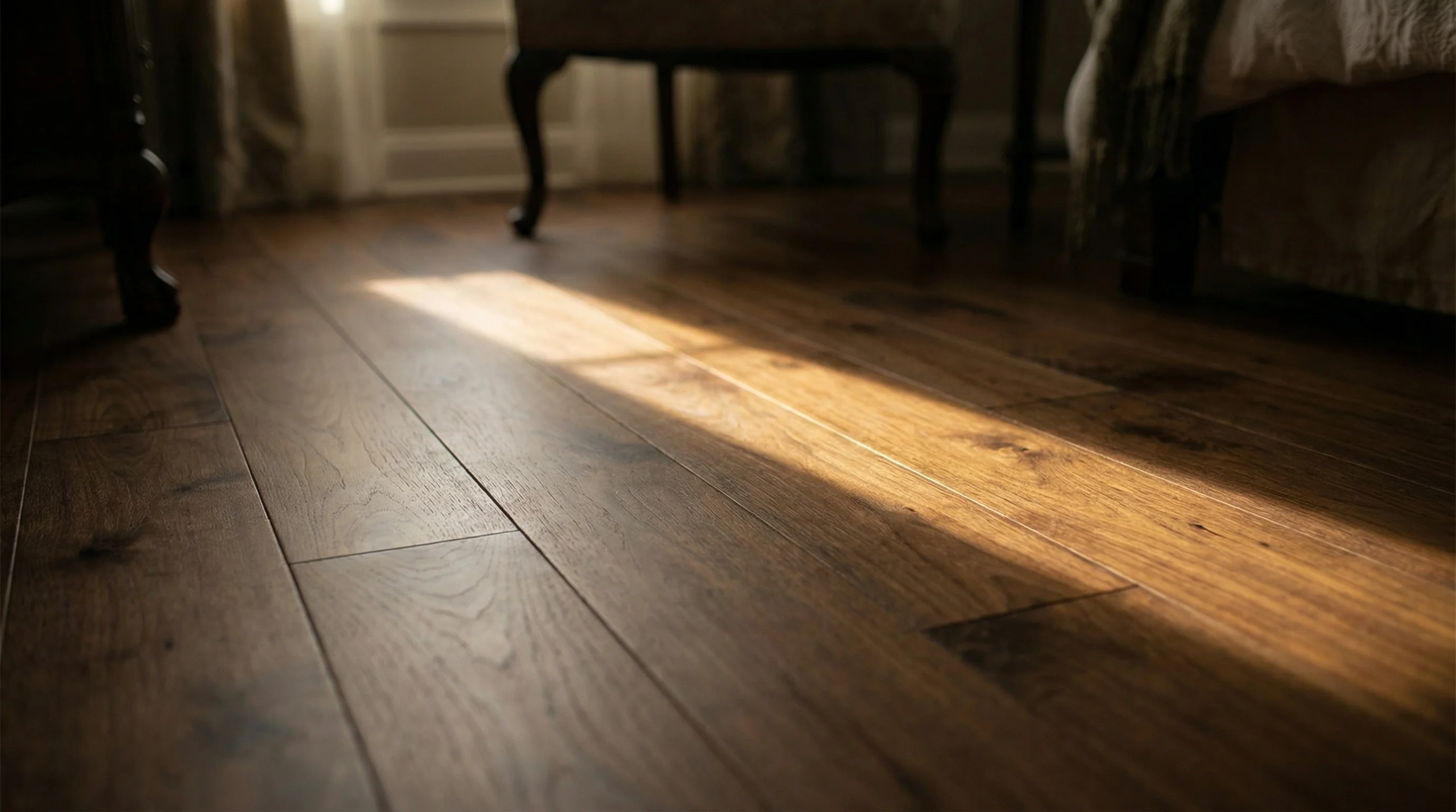 Dark walnut hardwood floor with natural sunlight